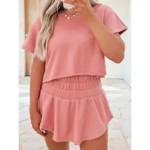 2pcs Cropped Tee and Ruffle High Waist Skort Set, Effortlessly Cool Cropped Tee For A Casual Look.