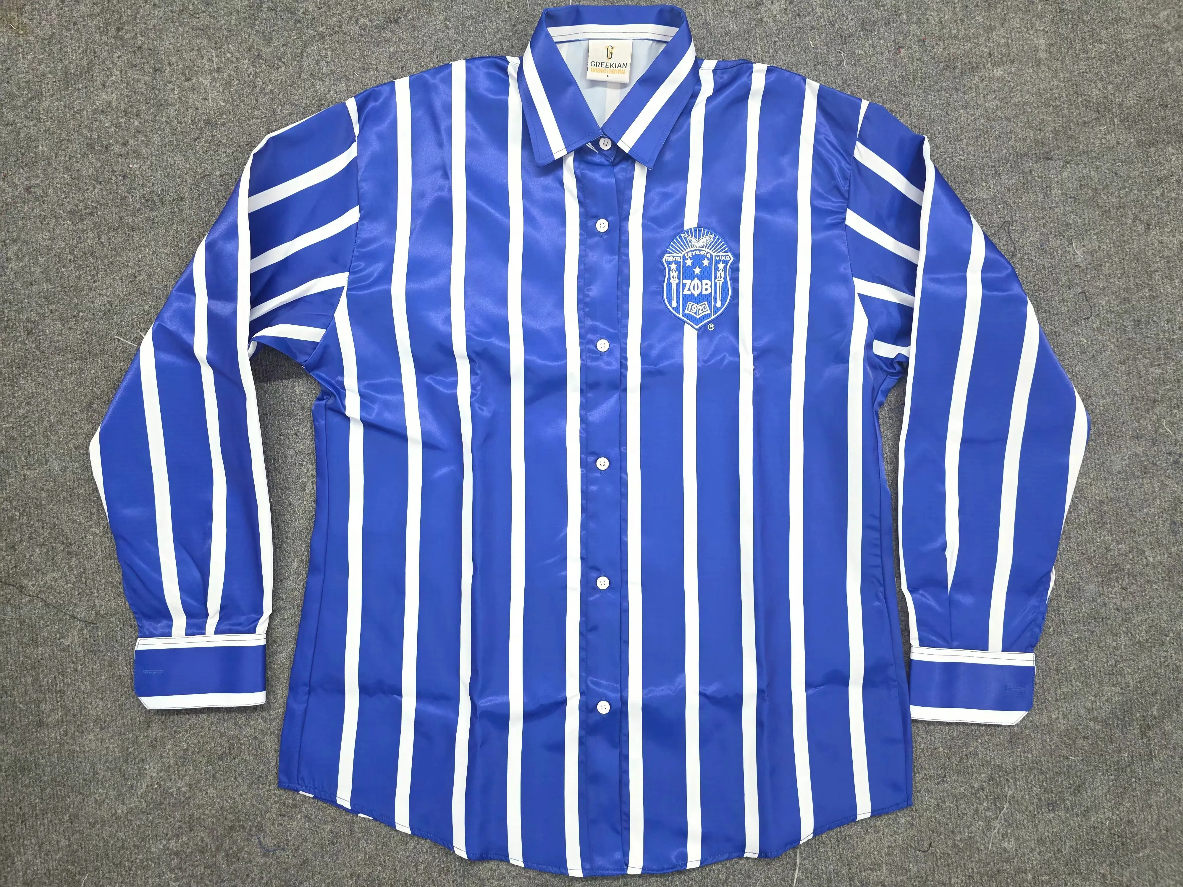 Zeta Striped Satin Button Down Shirt | Royal Blue & White Sorority Shirt