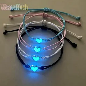 Luminous Woven Bracelets 4Pcs Set, Glow In Dark Heart Lucky Knot Couple Hand Rope, Trendy Boho Braided Matching Bracelet, Aesthetic Minimalist Luminous Jewelry Gift For Lovers Dating Anniversary Daily Casual Party Festival Wear