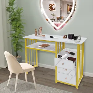 CNCEST Manicure Table with 3 Drawers 39.4 Inch Nail Salon Desk Gold White Marble Texture 66LB Capacity Beauty Station