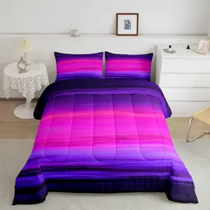 Dark Purple Designer Comforter Set,Gradient Pink Purple Black Luxury Bedding Set,Stripe Line Print Comforter,Microfiber Modern Design Duvet Set