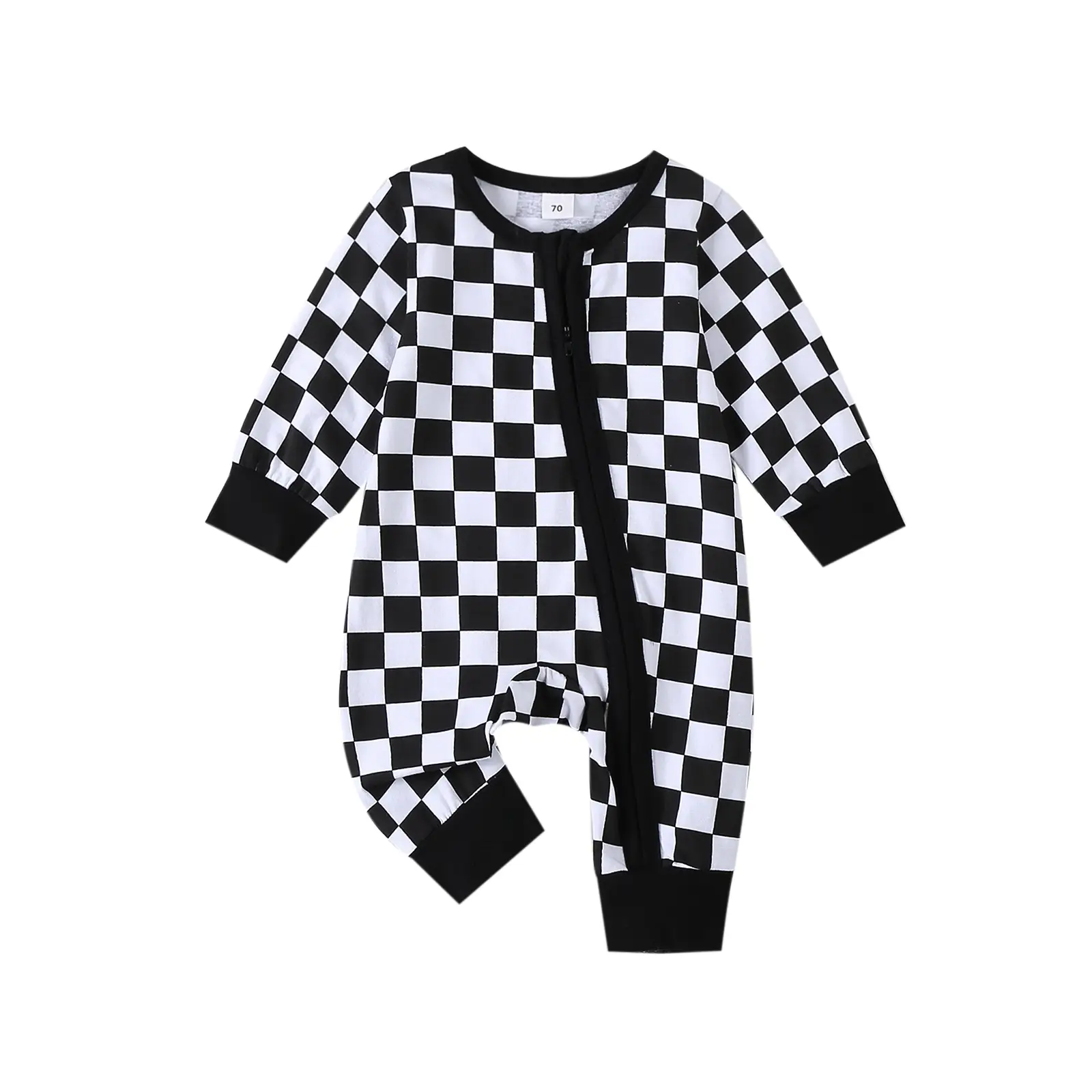 Baby Girl Boy Checkerboard Romper Round Neck Long Sleeve Full Length Zipper Jumpsuit for Fall
