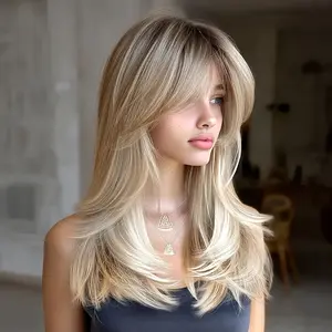 22 Inch Ash Blonde to Platinum Ombre Wig | Layered Shoulder-Length Waves with Air Bangs | Heat-Resistant Synthetic | Glueless & Natural Shine | For Daily Outings, Brunch Dates & Casual Content