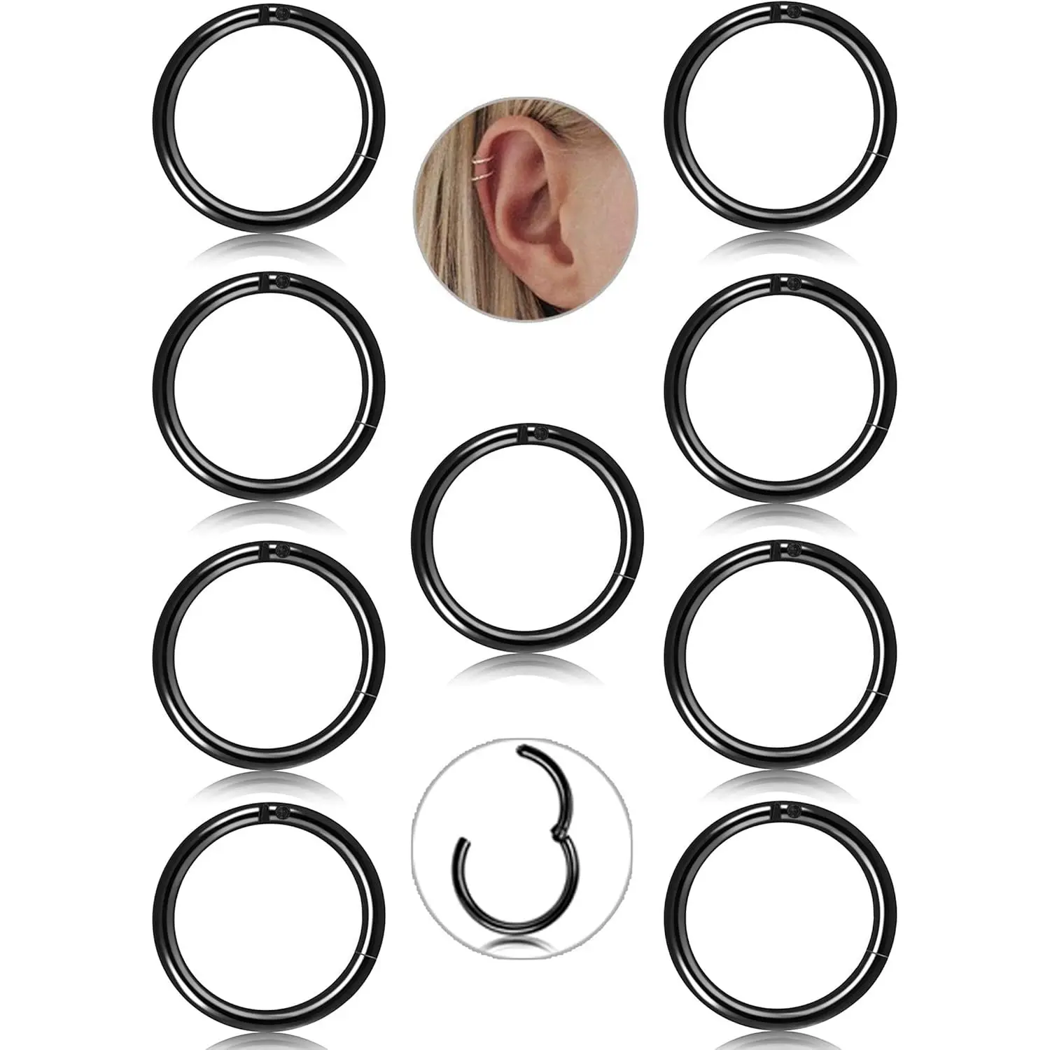 FUNRUN 9Pcs 16G Surgical Steel Hinged Clicker Hoop Set | Hypoallergenic Nose Rings & Cartilage Earrings | Seamless Body Piercing Jewelry for Helix, Tragus, Septum & More DealsForYouDays