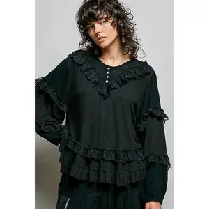 Silvia Black Ribbed Ruffle Top