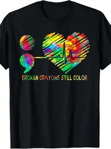 Broken Crayons Still Color Semicolon Suicide Prevention T-Shirt - Retro Mental Awareness Shirt with Semicolon, Unisex Round Neck Tee Suitable for &, Machine Washable for - Wear
