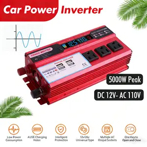 5000W Peak Power Inverter DC 12V to 110V AC, 3 AC Outlets & Dual USB Ports, Solar Compatible, LED Voltage Display, Car Plug & Battery Clamps Included, Ideal for RV, Camping, Road Trips & Emergency Power Supply