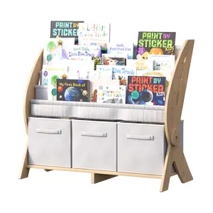 Rustic Kids Bookshelf Wood Montessori Toy Storage Organizer Cabinet Shelf Child Bookcase Toddler Baby Sling Book Rack 3 Cube Bin Fabric Drawers for Playroom Bedroom Nursery School