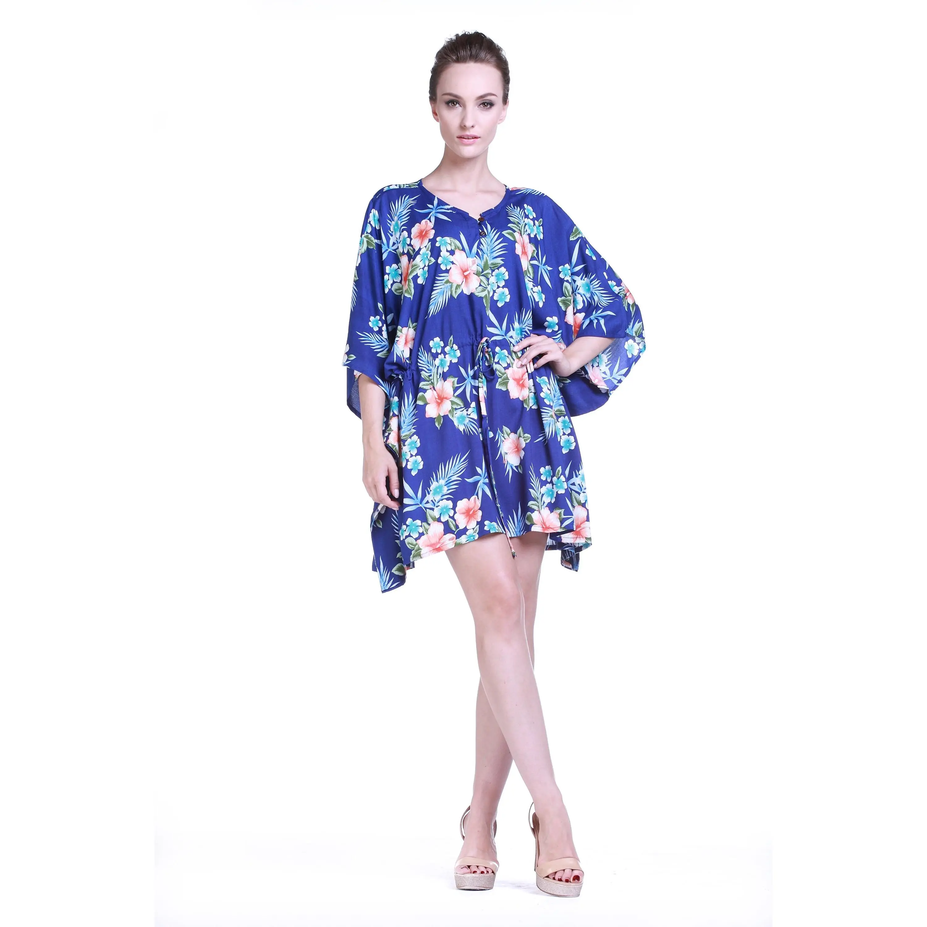 Women's Short Poncho Dress in Hibiscus Blue