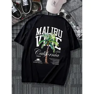 Men's Letter & Palm Tree Print Drop-Shoulder T-Shirt, Regular Fit, Soft Comfy Round Neck Half-Sleeve Casual Summer Top for Daily Wear