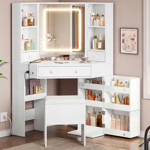 Sikaic Corner Makeup Vanity Set with LED Lighted Mirror Rotating Shelves Charging Station & Upholstered Storage Stool White Modern Engineered Wood Design