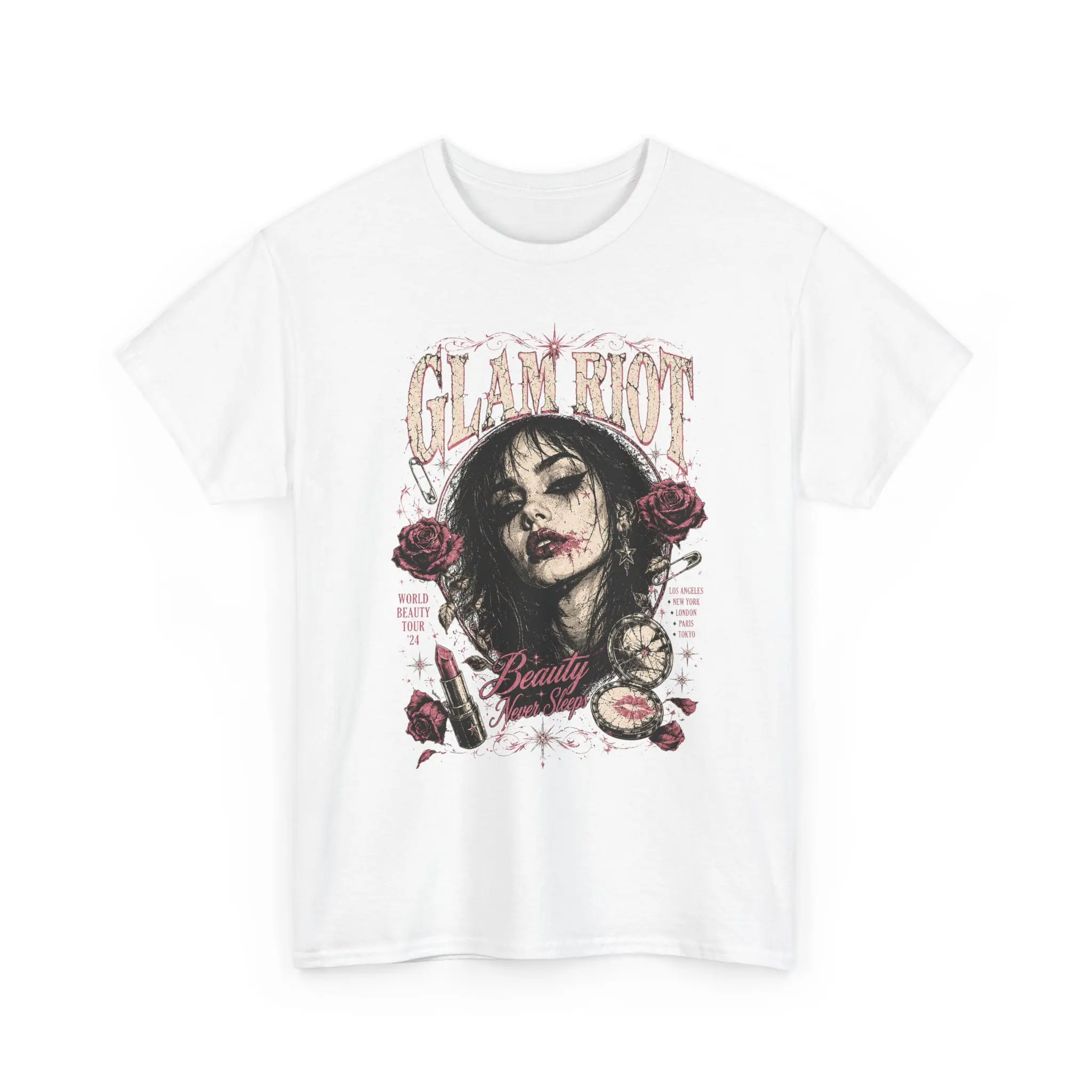 Glam Riot Grunge Beauty Graphic Tee – Vintage Rock Makeup Shirt, Band Tee