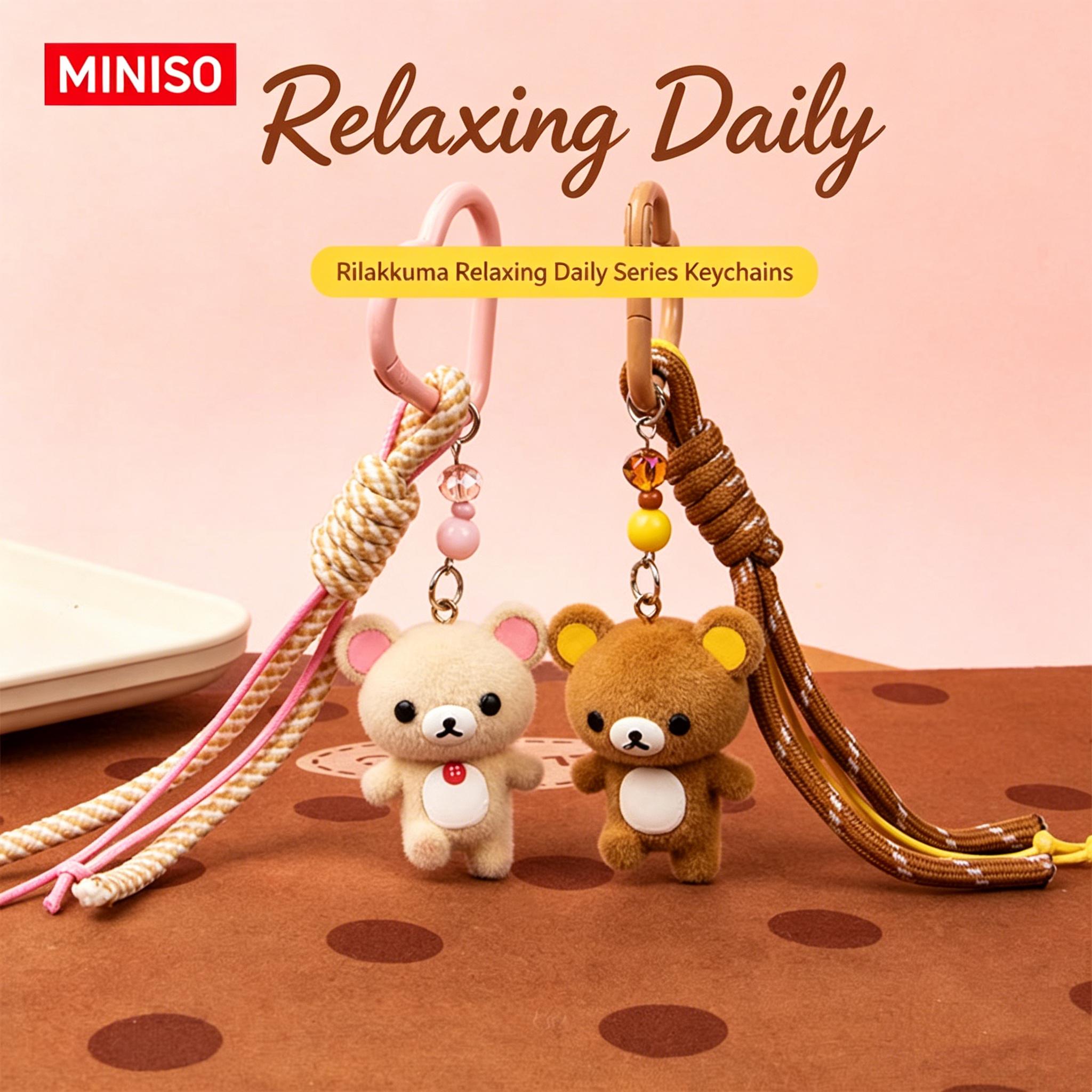 MINISO x Rilakkuma Everyday Series Heart Lock Keychain - Kawaii Aesthetic Knot Rope Charm Collectible, Bag Pendant, Bag Key Accessory, Keychain Accessory for Gifting, Bag Pendant Keychain，Back To School