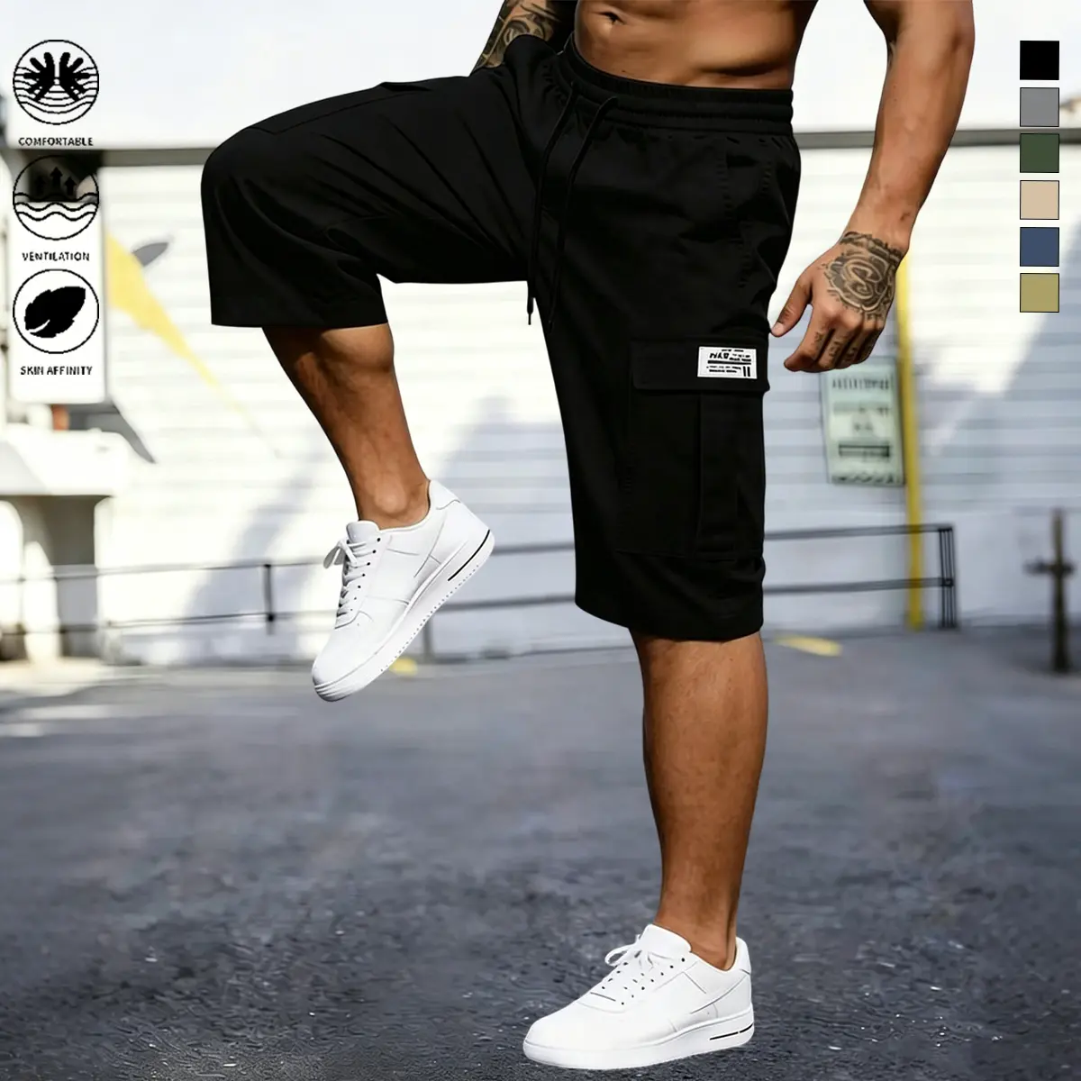 Men's Athletic Cargo Pants for Outdoor Wear, Sporty Chic Fashion Style in Lightweight, Breathable Polyester with an Adjustable Waist