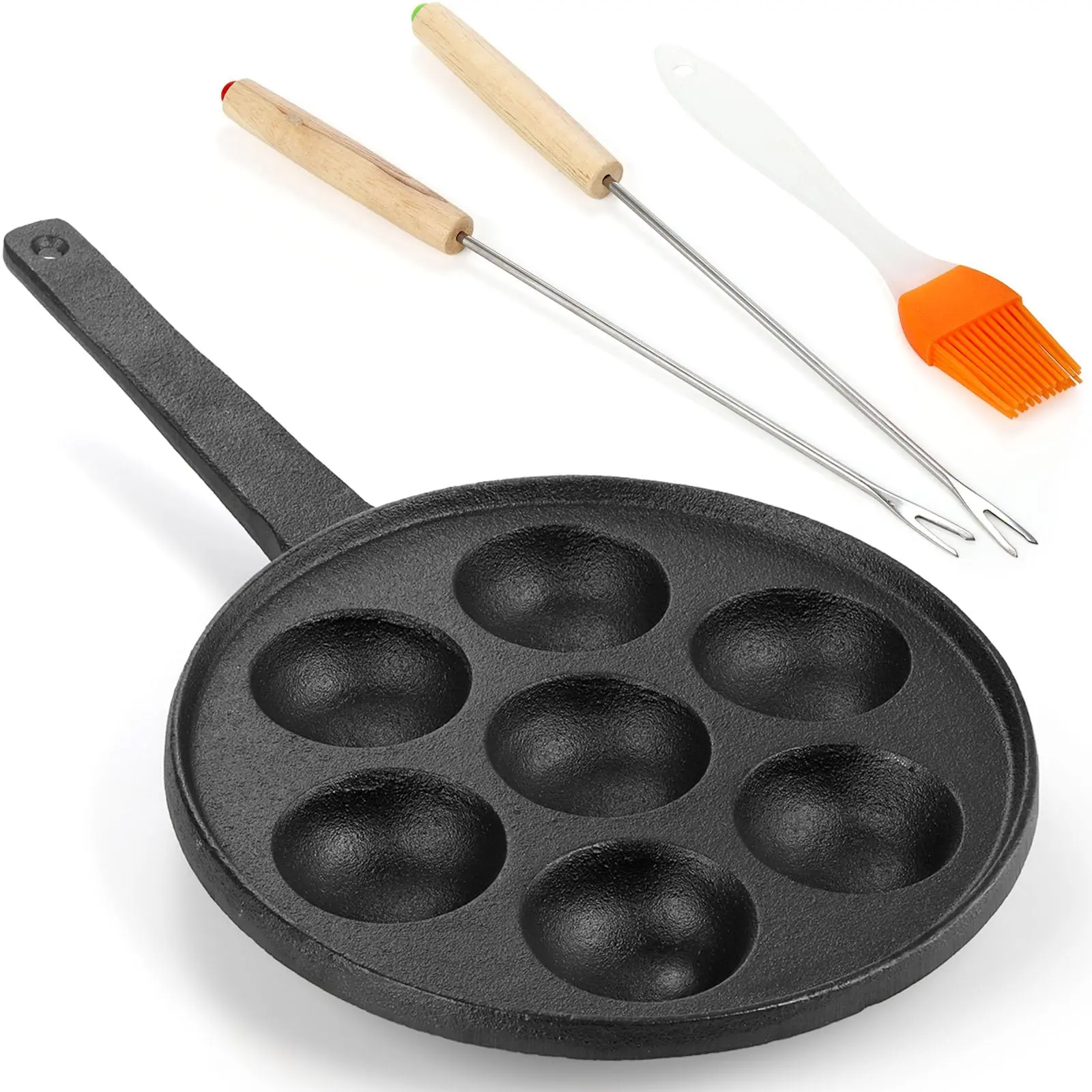 Cast Iron Aebleskiver Pan  2" Ebelskiver Banh Khot Griddle 7 Hole Nonstick Appam Maker Half Sphere Appe With Turn Sticks And Brush For Baking Cooking