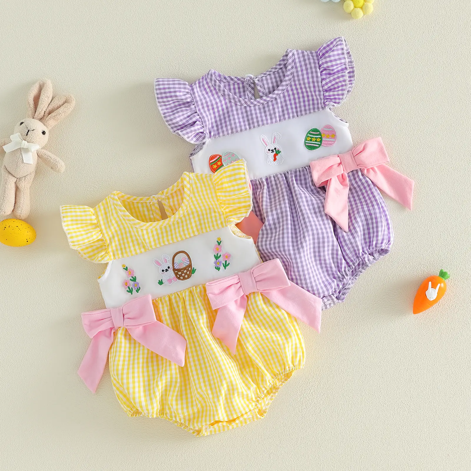 Infant Baby Girl Easter Romper Flying Sleeve Cute Bunny Embroidery Plaid Print Bow Jumpsuit Summer 0-18 Months