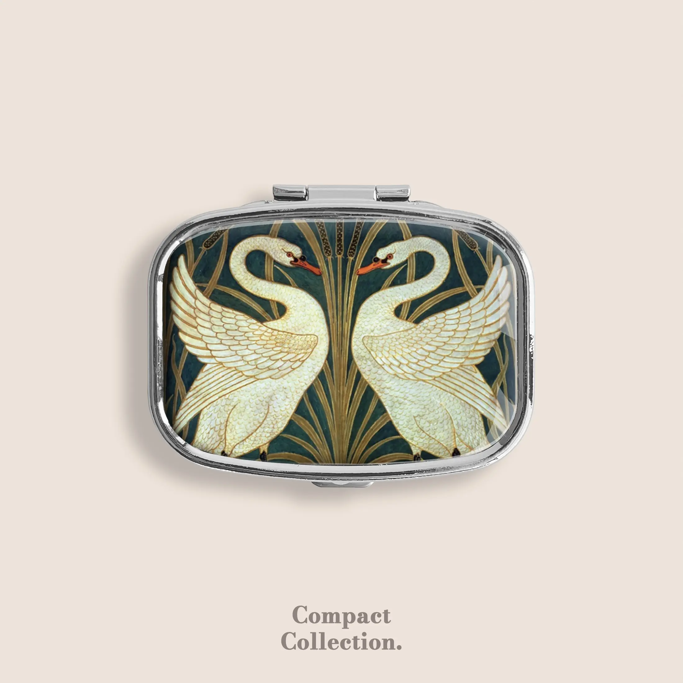 Swans Walter Crane Mucha Art Nouveau Birds Deco Vintage Small Pill Box Pill Organiser Ring Trinket Stash Medicine Vitamins Gum Tic Tacs Mint Metal Pill Bottle Case Dispenser Holder Travel Size gifts for girl For Boyfriend under 100 dollars