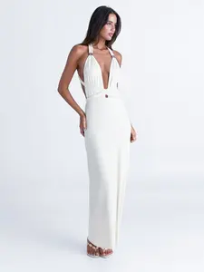 Deep V Backless Halter Neck Long Dress, Sexy High-End Formal Design, Perfect for Evening Parties, Slimming Drop Waist, Adjustable Straps, Womenswear