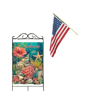 Summer Ocean Welcome Garden Flag - Coral & Seashell Coastal Yard Decor