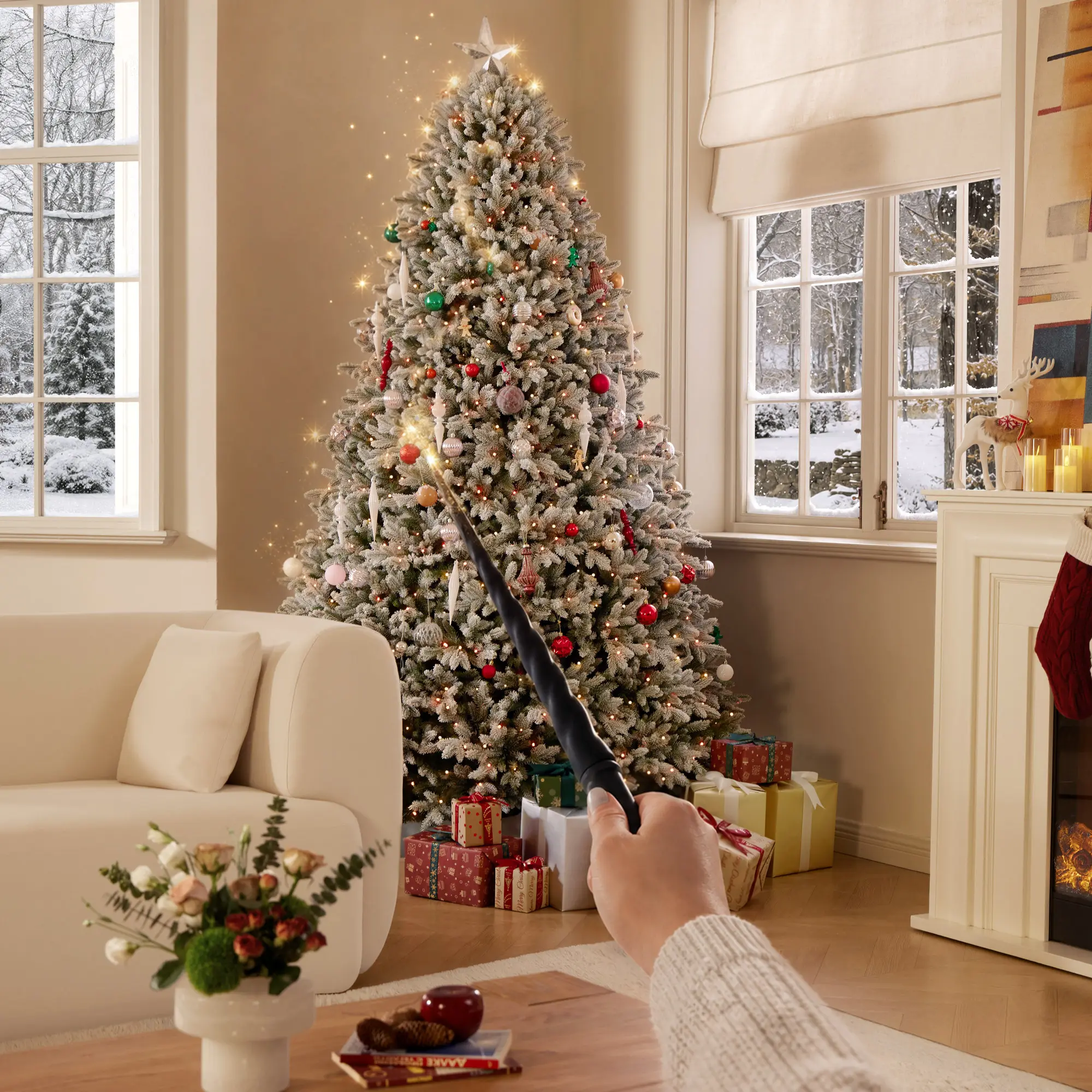【Two packages】CastGlow 7.5ft Artificial Christmas Tree with Magic Wand, PE Tips Pre Lit RGBs 18 Shows, Full Shape Natural Green to Flocked White