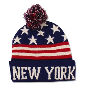 Patriotic Pom Pom New York Beanie (Unisex)