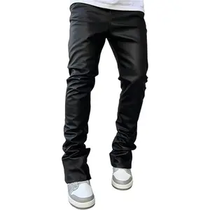 WDIRARA Men's Drawstring Waist Flare Pants Hip Hop Faux Leather Pants Streetwear