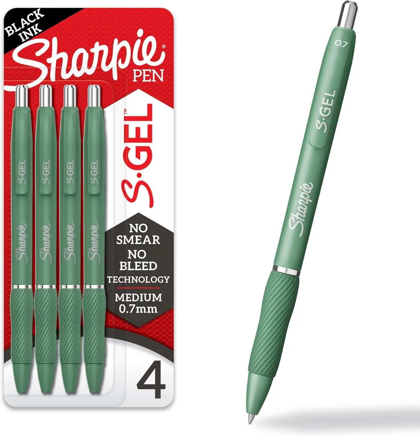 Sharpie S-Gel Gel Pens Set, Green Barrel, Black Ink, Medium Point (0.7mm), 4-Count - College Supplies for Home, Office Use