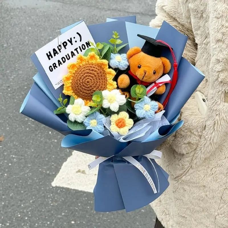 Graduation Gift Crochet Bouquet, Handmade Sunflower Rose Bear, Birthday Graduation Bouquet, Teacher Thank You Gift, Christmas Gift, Kids and Friends Gift, Graduation Party Small Gift, Appreciation Gifts, Hs Graduation Gifts, Graduate Gifts