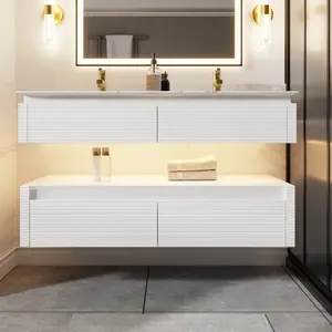 Segeo 48" Modern Solid Oak Floating Bathroom Vanity Cabinet White with Lights and Artificial Atone Countertop, Dual Basins