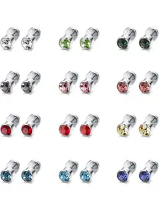 12 Pairs Colorful Classic Stainless Steel Stud Earrings for Women Men Screw Back Earring Studs for Daily Wearing Shining Cubic Zirconia Cartilage Stud Earring Jewelry Set