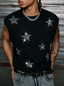 Men's vest, short and wide-shouldered design, rhinestone-embellished five-pointed star pattern, lightweight and breathable all-polyester fabric, suitable for layering or wearing alone, versatile for everyday wear, parties, and vacations, Casual