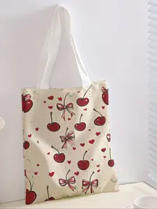 Cherry Bowknot Pattern Casual Storage Bag, Cherry Print, Night Scene, Fashionable and Trendy, Suitable for Daily Shopping, Office, Various Occasions