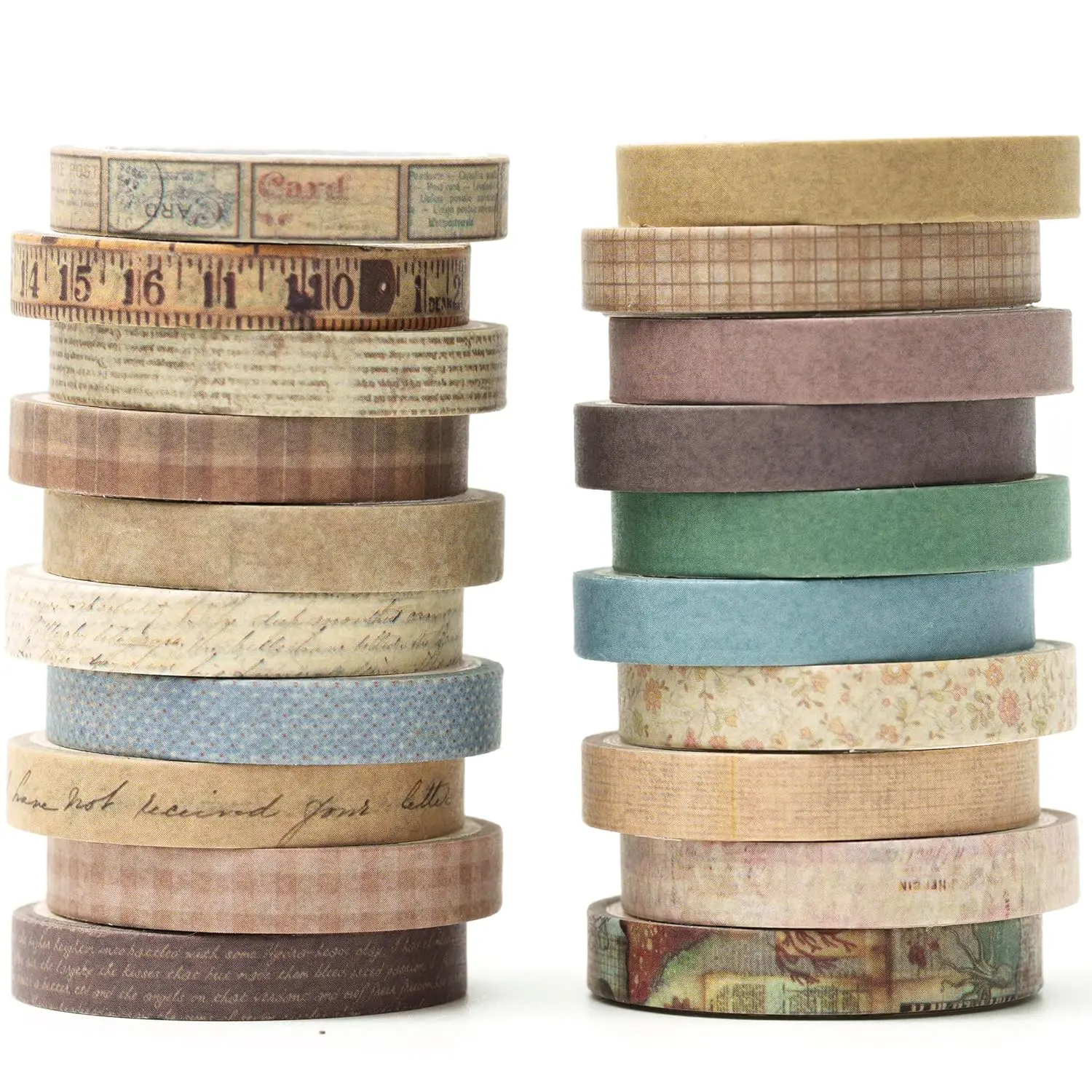 Washi Tape Set 20 Rolls Skinny Retro Decorative Antique Patterns Masking Tapes for Arts, DIY Crafts, Journals, Planners, Scrapbook, Wrapping ()