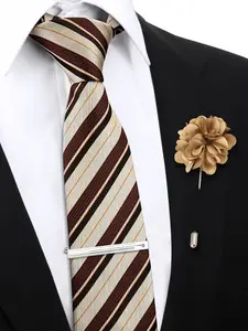 Men's 3 Piece Striped Print Tie, Clip & Brooch Set for Casual or Wedding Wear, Stylish Accessories for Parties & Gift Giving, All Season Fashion