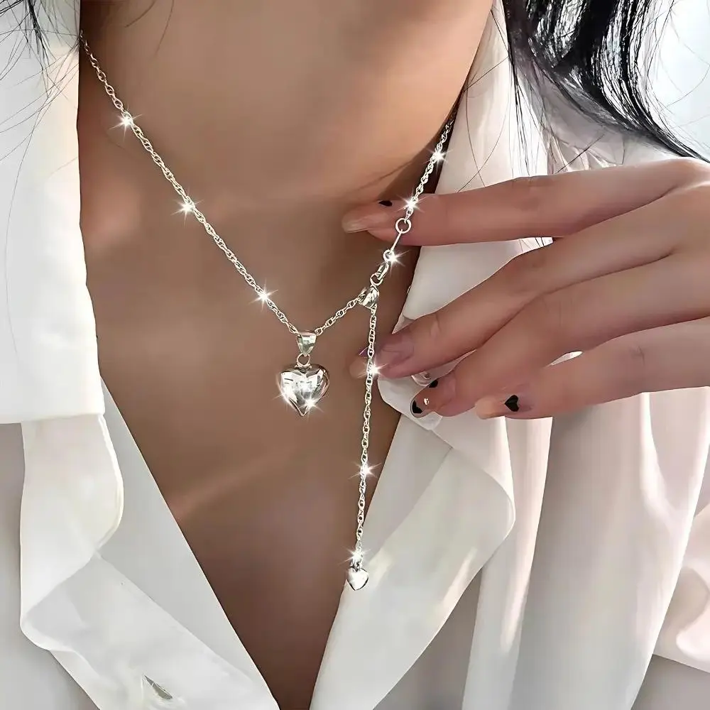 Heart tassel necklace, 925 silver chain necklace for women, thick chain necklace with heart-shaped jewelry for women, daily fashion and versatile, ideal choice for holiday gifts，Fashionable and versatile daily gifts, Christmas gifts, Valentine's Day gifts