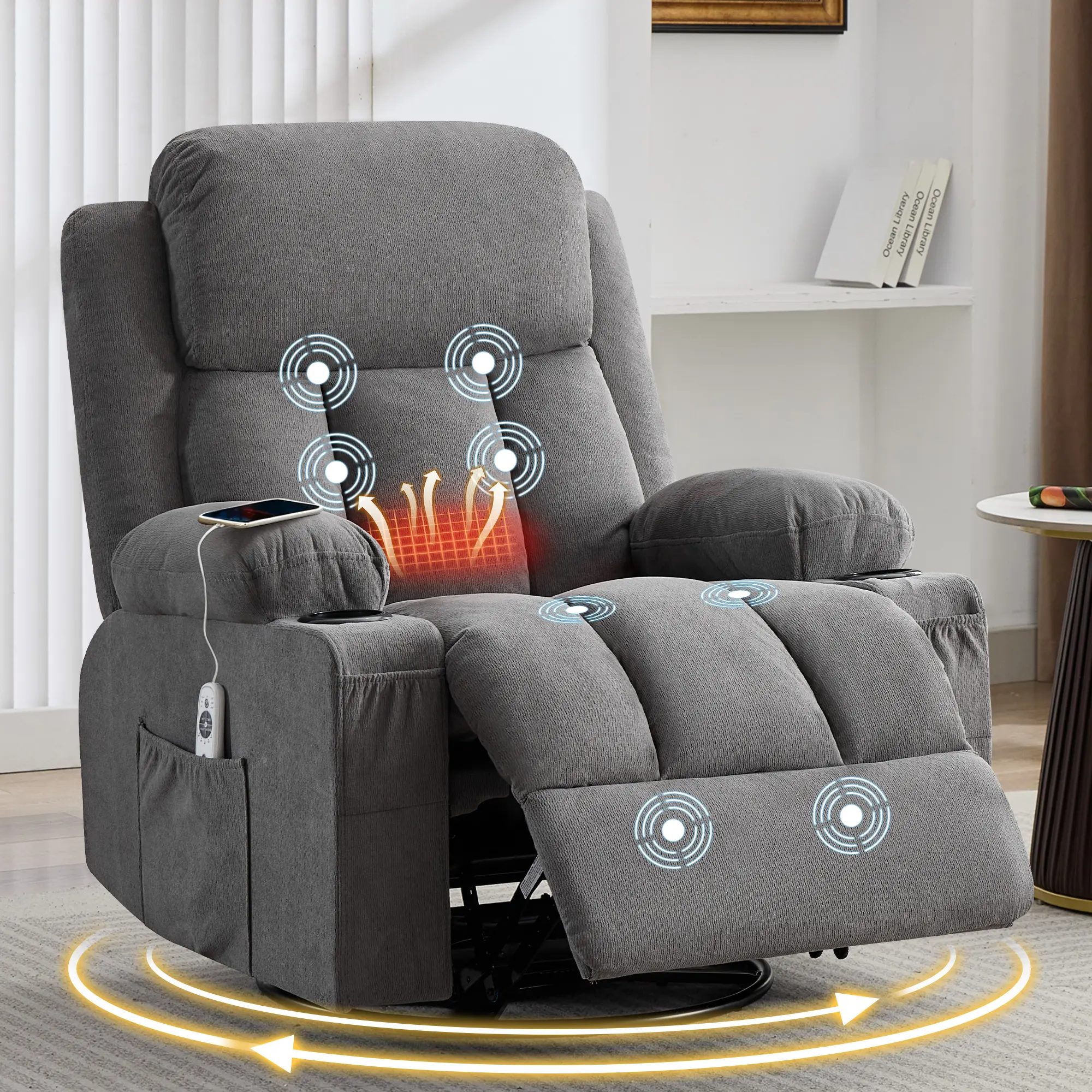 Grey Linen Swivel Rocker Recliner Chair with Vibration Massage Heat, Pull Handle, Spring Cushion, USB Port, 2 Cup Holders, Side Pocket - Living Room Furniture Set with Brown Stripe Storage Ottoman, L-Shaped Cashmere Padded Sofa, Relaxation, Comforting, Ro