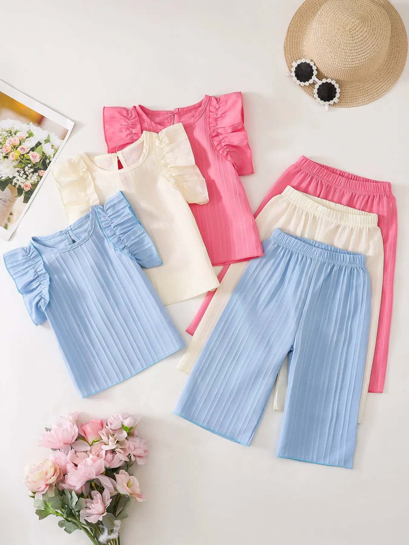 6-Piece Baby Girl Clothes Set, Toddler Outfit, Solid Color Baby Clothing, Tank Top and Long Pants, Plain Bottoms, Vertical Stripe Fabric, Ideal for Summer Daily Outings