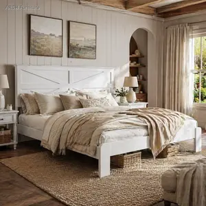 Rustic White Farmhouse King-Size Bed Frame with 800lb Capacity, Solid Wood Headboard, Sturdy Wood Slat Support, Built-In Storage Organizer, Easy-Setup Platform Design