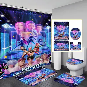 4-Piece Modern Bathroom Curtain Set, Colorful Background Shower Curtains, Includes 12 Hooks, Non-Slip Toilet Mat & U-Shaped Seat Cover