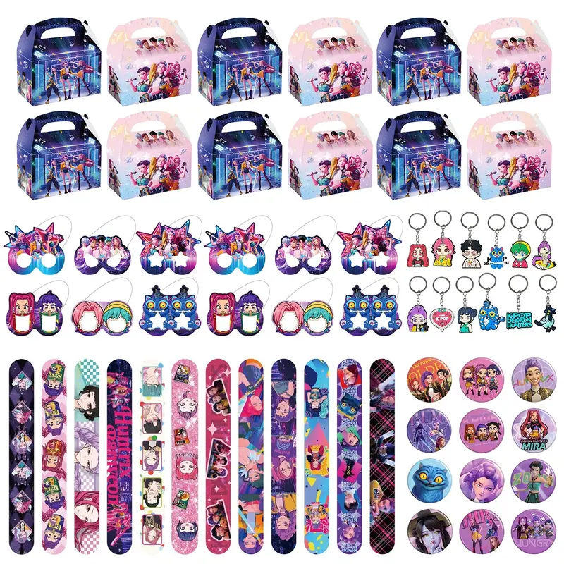 Korean Cartoon Girl Group Birthday Gift Set, Party Gift Packs, 12 Bracelets, 12 Keychains, 12 Badges, 12 Decorative Glasses & 12 Gift Boxes, Party & Gathering Favors