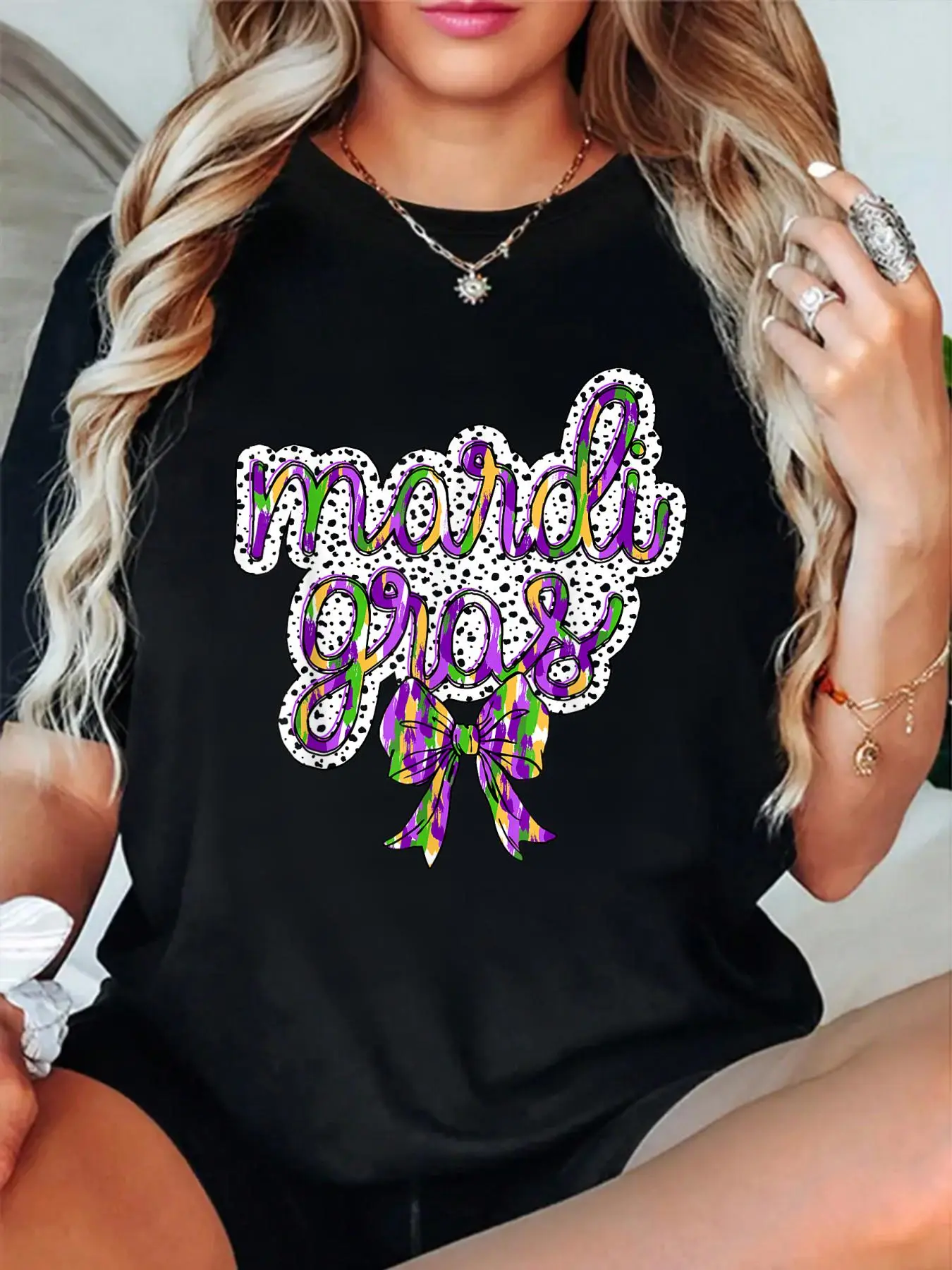 100% cotton Coquette Bow Mardi Gras New Orleans Louisiana Dalmatian Dots T-Shirt Women's Men's Graphic Tee,Casual Short Sleeve Shirt