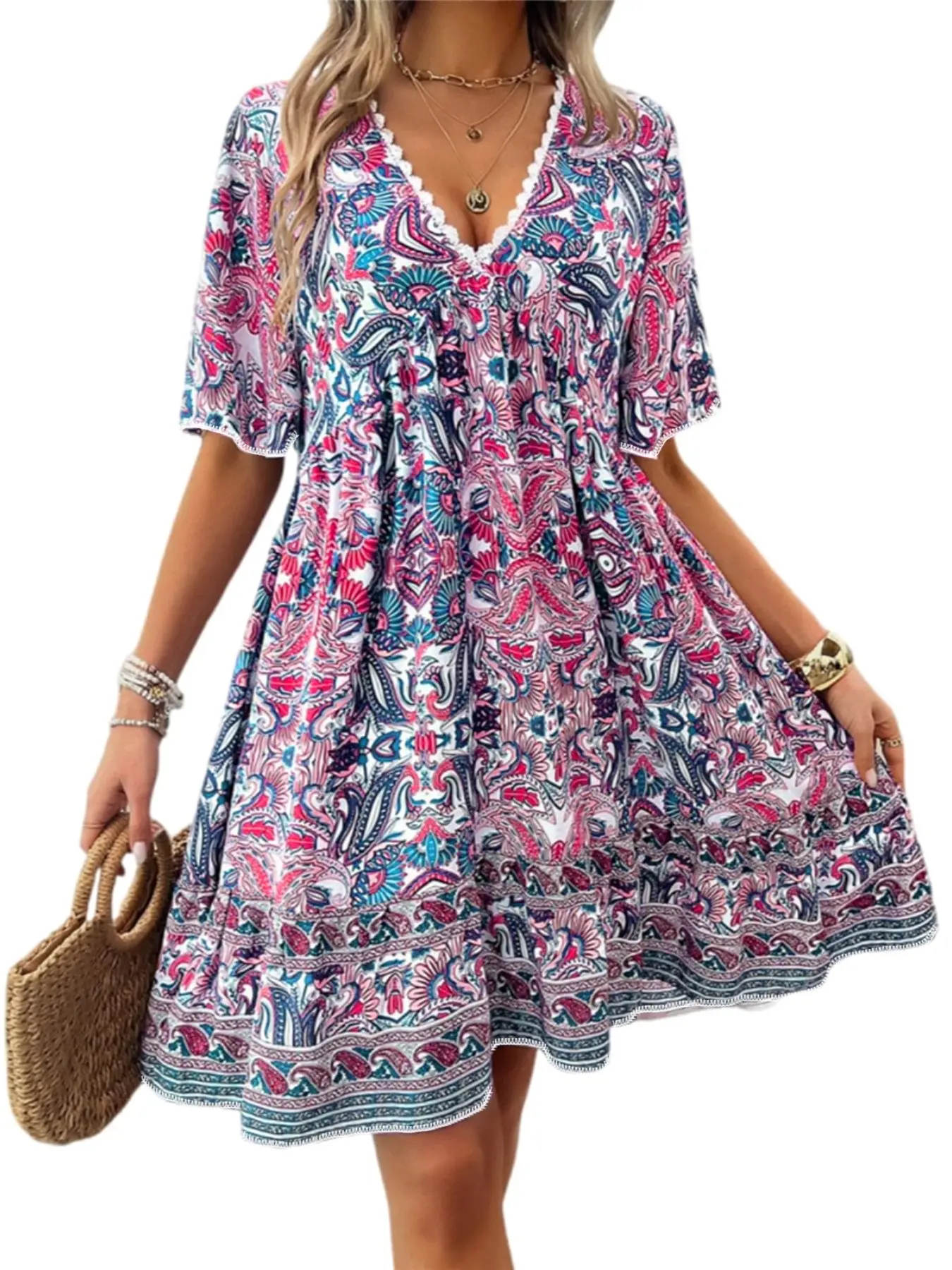 Women's Boho Paisley Summer Vacation Casual Beach Dress, V-Neck Lace Trim, Perfect for Relaxing Getaways