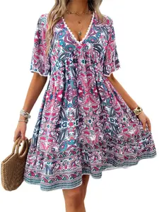 Women's Bohemian Paisley Vacation Casual Dress, V-Neck Lace Trim, Perfect for Relaxing Getaways, Stylish and Comfortable Fashion Vibe