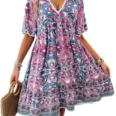 Women's Boho Paisley Summer Vacation Casual Beach Dress, V-Neck Lace Trim, Perfect for Relaxing Getaways, Boho Chic Style
