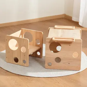 Kids Table and Chair Set, Montessori Weaning Table and Chair Set for Toddler, Natural Solid Activity Table Cube Chair for Drawing Reading, Montessori Playroom Furniture for Children
