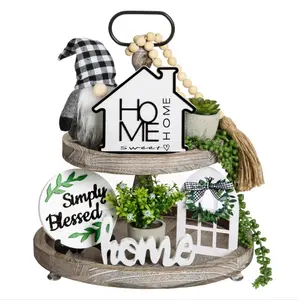 11pcs Farmhouse Tiered Tray Decor Set, Rustic Tier Tray Decorations with Black and White Buffalo Plaid Gnome Ornaments Wooden Home Sweet Home Sign for Kitchen Table Decor Summer Housewarming Christmas Gift