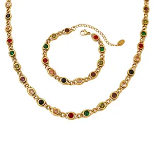 Trendy Necklace and Bracelet Set Featuring Colorful Zircon Stones and Unique Fish Eye Design