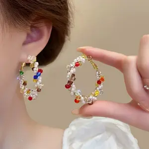 ANDKISS Silver-Post Hoop Earrings with Round Glass Pearls. Versatile "Dopamine" Colors. Sweet & Charming. Light Luxury, Niche Design. Instagram-Style. Fashionable Jewelry. Ideal Gift for Adults. A Perfect Choice for Gifting.