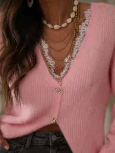 Elegant Women's Knit Cardigan, V Neck Lace Trim, Beaded Button Design, Fitted Casual Sweater for Fall & Winter