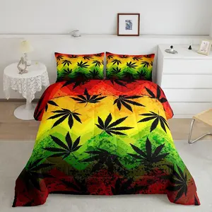 Cannabis Leaves Comforter Set,Marijuana Herb Down Comforter,Ganja Illicit Narcotic Duvet Insert For Boys Girls Teens,Maple Leaf Colorful Quilted Duvet, Blanket Set, Bedding Sets